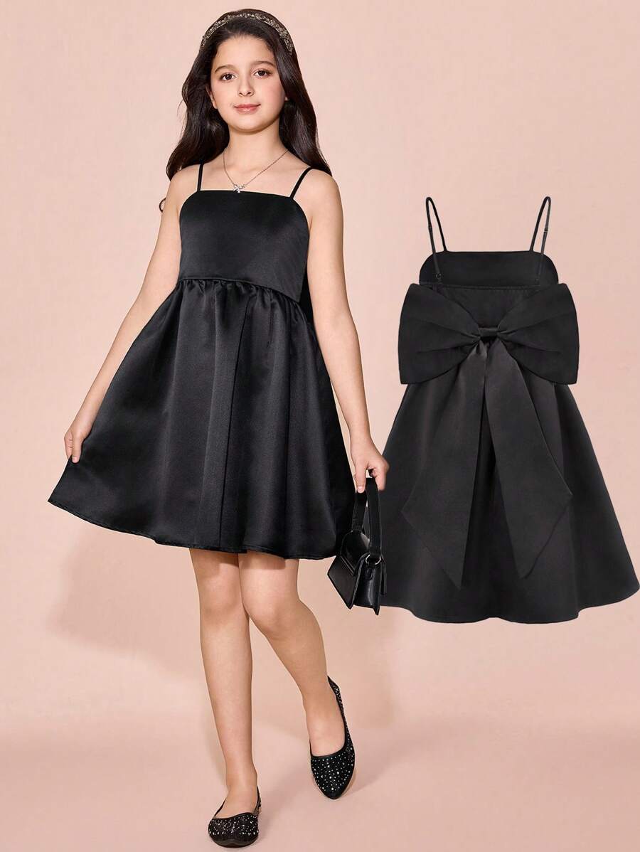 Elegant Black Bowknot Cami Dress For Tween Girl - Apricot - View 1