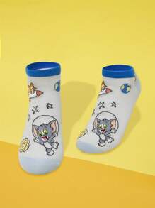 TOM & JERRY X SHEIN 1双女式拼色卡通猫图案舒适踝袜