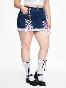 ROMWE Kawaii Plus Size Lace Up Pocket Tight Denim Skirt