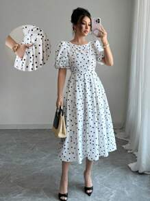 Elenzga 女式中长款印花泡泡袖连衣裙 - 白色 - 查看 1