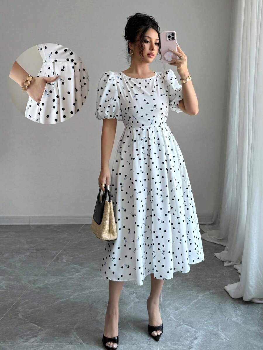 Elenzga 女式中长款印花泡泡袖连衣裙 - 白色 - 查看 1