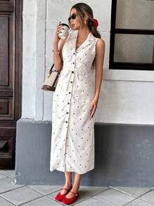 SHEIN Essnce Damen Lässig Herz Muster Knopfleiste ärmellos Midi-Kleid für den Sommer