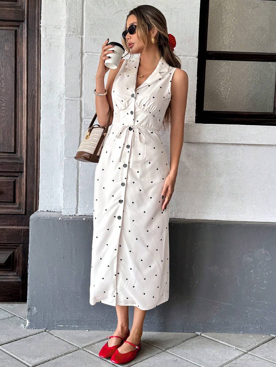 SHEIN Essnce Damen Lässig Herz Muster Knopfleiste ärmellos Midi-Kleid für den Sommer