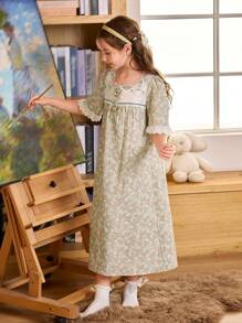 SHEIN 少女碎花撞色荷叶边拼接方领宫廷风长款睡袍 - 彩色 - 查看 1