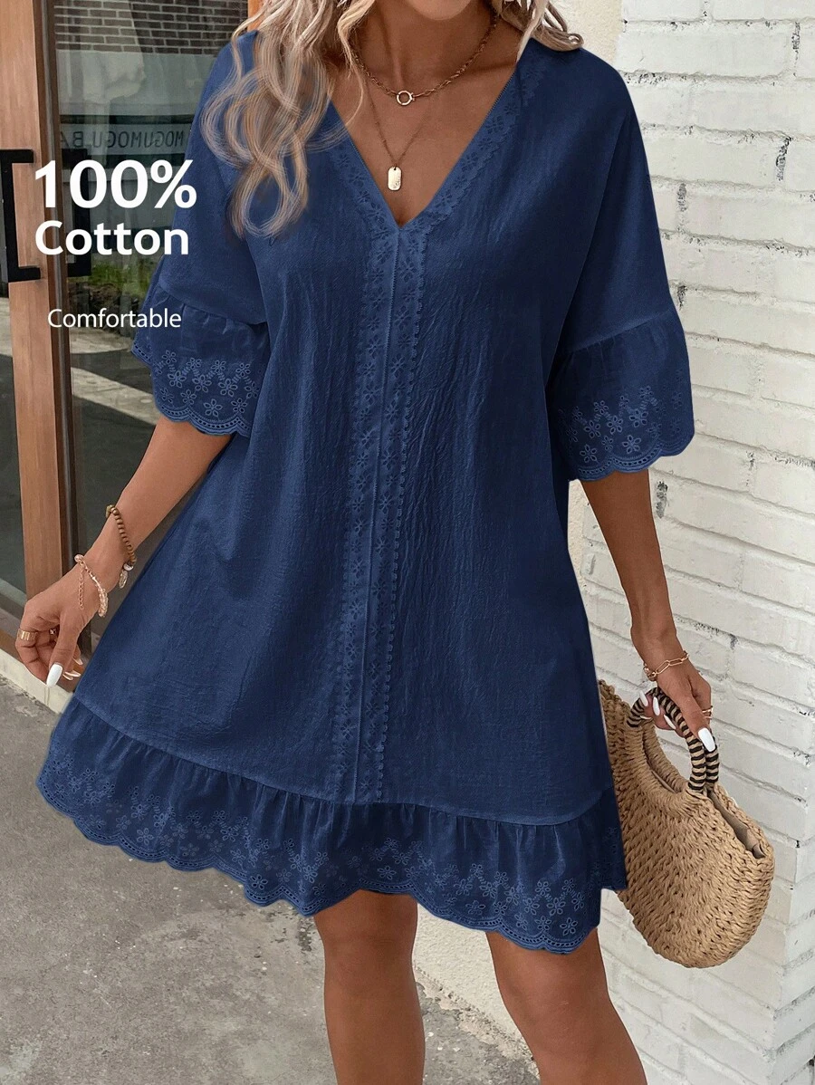 EMERY ROSE Lace Splice V-Neck Lotus Leaf Trim Decor Summer Casual Dress,Summer Dresses For Women - Navy Blue - View 1