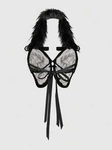 ROMWE J-Fashion 豹纹仿皮草拼布蝴蝶结性感挂脖背心 - 粉色 - 查看 2