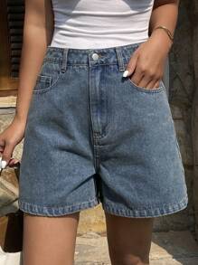 Dazy Tall Quần short denim nữ cạp thường kiểu dáng thường ngày - Rửa trung bình - Xem 3