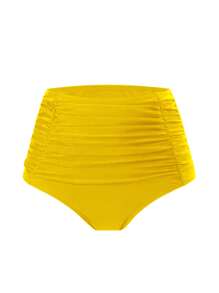 Swim Basics Women's High Waist Ruched Tummy Control Flattering Bikini Bottom For Summer Beach Vacation - Yellow - View 4