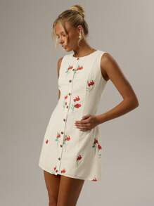 SHEIN Forever 21 Women Floral Print Single Breasted Round Neck Sleeveless Mini Dress - Apricot - View 5