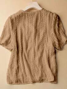 New Lace Trim Patchwork Short Sleeve Ladies Blouse - Khaki - View 2