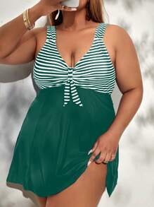 Swim Lushoire Plus Size Women Random Stripe Print Swimming Dress And Triangular Swim Shorts Set For Summer Beach Vacation - Dark Green - View 4