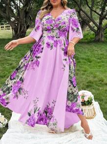 Flirla Plus Size V-Neck Ruffle Sleeve Flared Hem Elegant Vacation Wedding Bridesmaid Dress For Women - Purple - View 4