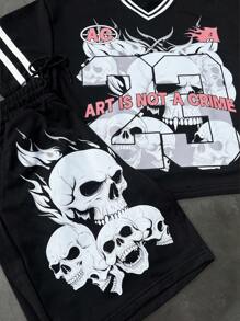 Manfinity EMRG Men's Casual Skull Printed T-Shirt & Shorts 2 Pieces Set, Summer - Black - View 6