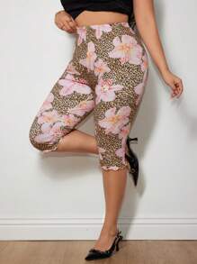 SHEIN ICON Leggings Capri Plus Size con stampa leopardata e floreale