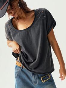 Bohemela Summer BOHO Music Festival Easter Bohemian Countryside Style Solid Color Knitted Round Neck Short Sleeve Loose Wash Washed Women T-Shirt - Grey - View 2