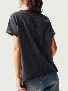 Bohemela Summer BOHO Music Festival Easter Bohemian Countryside Style Solid Color Knitted Round Neck Short Sleeve Loose Wash Washed Women T-Shirt - Grey - View 7