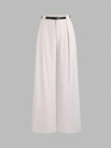Sweetra Women's Apricot Metal Waist Belt Decor Commuting Versatile Casual Pleated Straight Leg Pants, Spring/Summer,Women Casual, Daily, Commute, Shopping Waist Design Pants