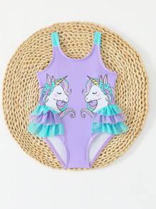 SHEIN Baby Girl Cute Unicorn Print Ruffle Trim One-Piece Swimsuit, Summer Baby Clothing Cheap Baby Girl Clothes Baby Clothing Girl Infant Girls Clothing Baby Girl Clothes Customized - Purple - View 7