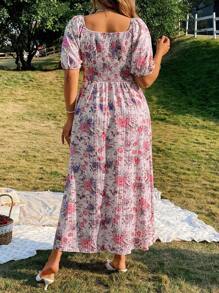 SHEIN LUNE Plus Size Women Floral Print Puff Sleeve Elegant Dress, Vacation Dress - Pink - View 2