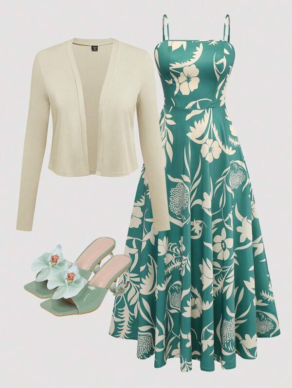 Calvaya Plus Size Elegant Solid Jacket And Floral Print Slip Dress 2 Pieces Suit