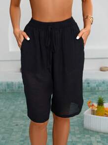 Swim Lushoire Women's Solid Color Waist Tie Pocket Loose Cover Up & Shorts Set For Summer Beach Vacation