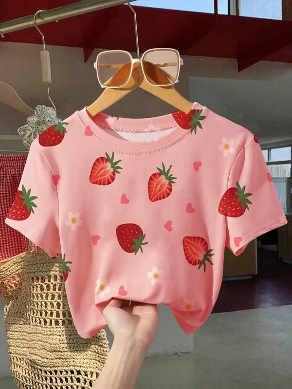 Camiseta corta de mujer con estampado de fresa, de manga corta y cuello redondo, de moda para el verano