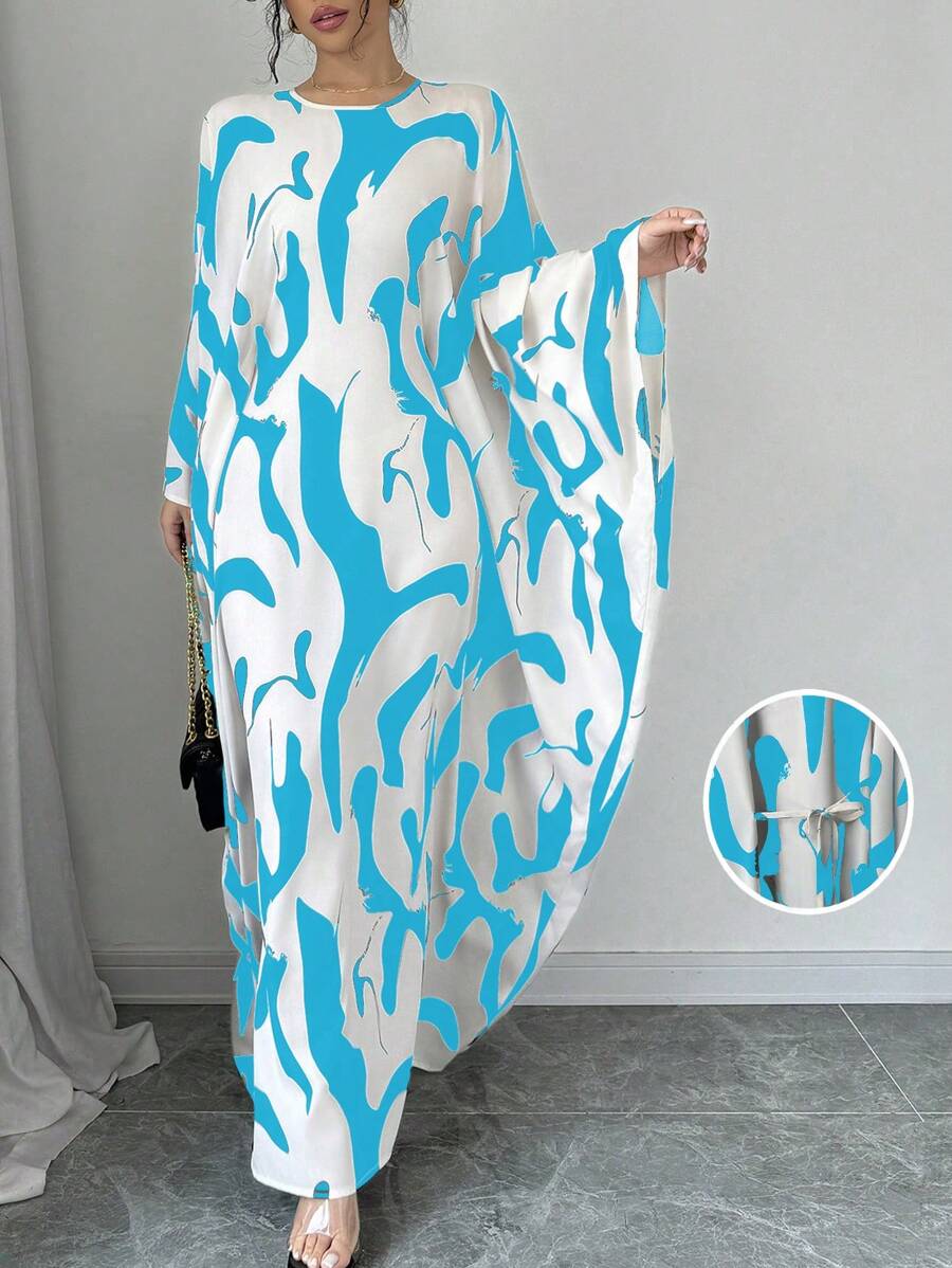 Rafferiza 女式宽松大袖系腰抽象印花优雅长裙超长女装 - 薄荷藍 - 查看 1