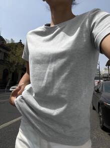 DAZY Women's Casual Versatile Solid Color Short Sleeve T-Shirt - Grey - View 9