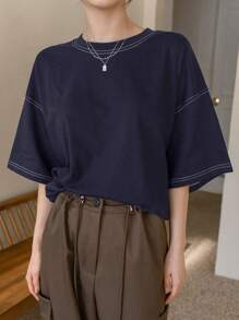 Dazy-Less 宽松休闲拼色拼接装饰短袖女式T恤夏季老款超大码T恤商务休闲女式工作服 - 藏蓝色 - 查看 4
