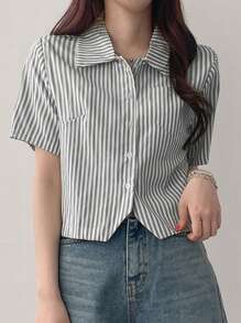 DAZY Women's Striped Collar Short Sleeve Cropped Casual Shirt, Green, Spring/Summer - Black - View 5