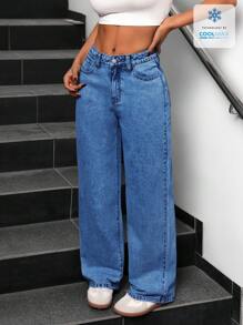 SHEIN PETITE Quần Jeans Ống Rộng Ống Rộng Có Túi Cho Nữ Đa Năng Thường Ngày - Rửa nhẹ - Xem 3