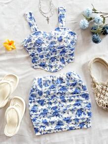 Soleia 女士粉色碎花修身背心和迷你裙两件套，海岛度假装 - 藍白色 - 查看 4