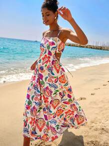 Travachic Woven Printed Sleeveless Hollow-Out Dress For Women, Spring/Summer Vacation