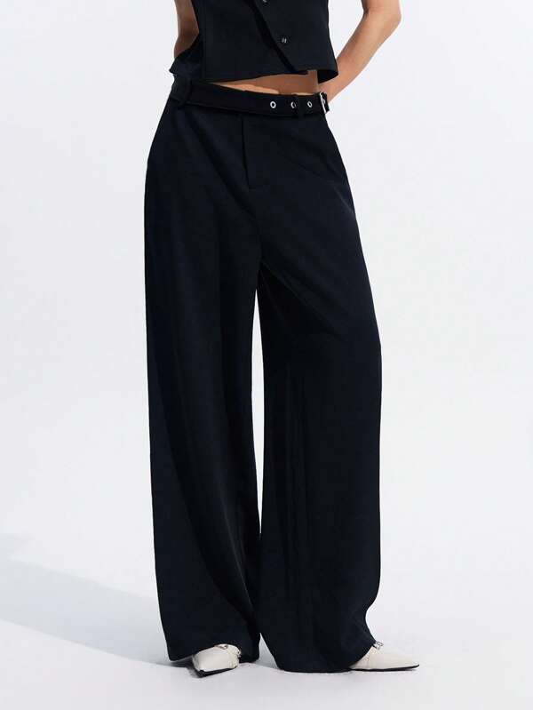 LYSMO Women's Solid Color High Waisted Buckle Design Wide Leg Loose Casual Pants