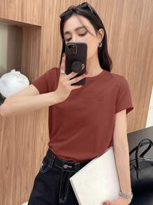 DAZY Áo thun tay ngắn thêu hình trái tim màu trơn mùa hè cho nữ, Áo thun công sở cho nữ - Màu Cam san hô - Xem 2