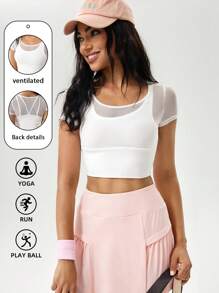 Hanevo Camiseta deportiva y de ocio de ajuste ceñido con malla en 2 en 1 para mujeres