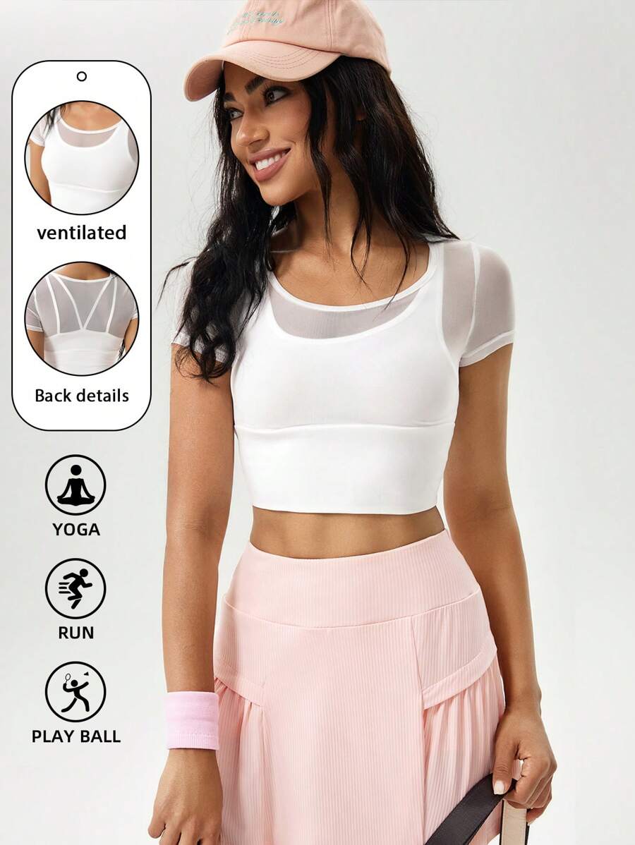 Hanevo Camiseta deportiva y de ocio de ajuste ceñido con malla en 2 en 1 para mujeres