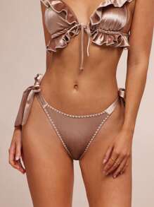 WESTFADE Summer Velvet Western Low Rise High Cut Leg Cute Bow Tie Sides Ruched Back Bikini Bottoms Spring Beach Vacation - Champagne - View 4