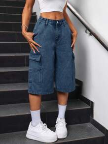 SHEIN ICON Women's Casual Dark Wash Denim Bermuda Shorts With Zipper Details And Cargo Pockets