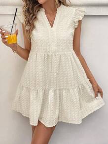 SHEIN LUNE 女士休闲纯色纹理 V 领荷叶边下摆夏季假日休闲装日常基本款短裙