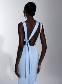 SHEIN Belle Váy phù dâu cổ tròn không tay xếp ly ôm sát viền đuôi cá màu xanh nhạt lãng mạn thanh lịch, thích hợp cho tiệc chị em, hẹn hò, hoạt động đám cưới - Màu xanh lam - Xem 2