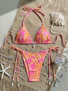 Swim Mod 2pcs Beach Summer Outfits For Women: Random Shell Print Textured Cami Top And Side Tie Swim Shorts Bohemian Bikini Set - Multicolor - View 1