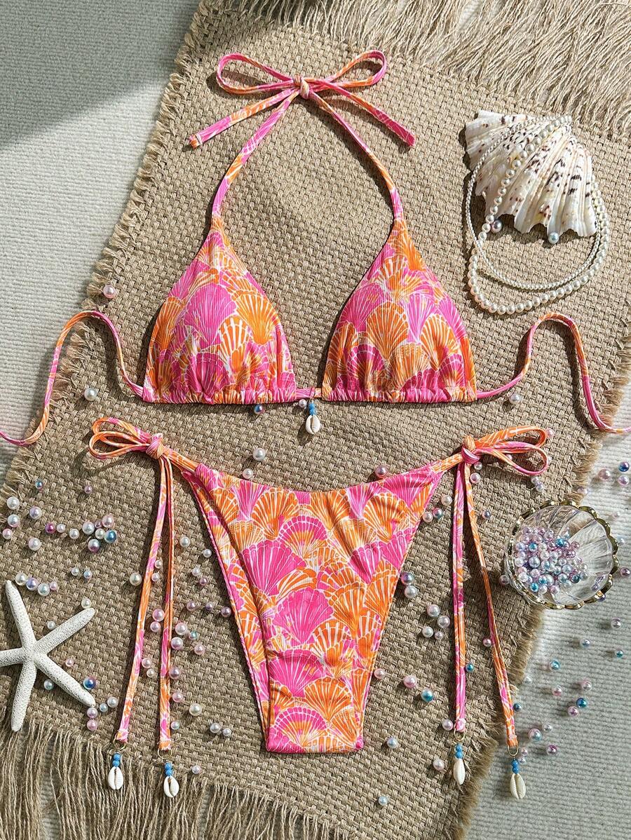 Swim Mod 2pcs Beach Summer Outfits For Women: Random Shell Print Textured Cami Top And Side Tie Swim Shorts Bohemian Bikini Set - Multicolor - View 1