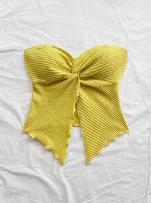 Soleia Women's Asymmetrical Hem Knit Textured Twist Front Cropped Cami Top For Vacation - Mustard Yellow - View 5