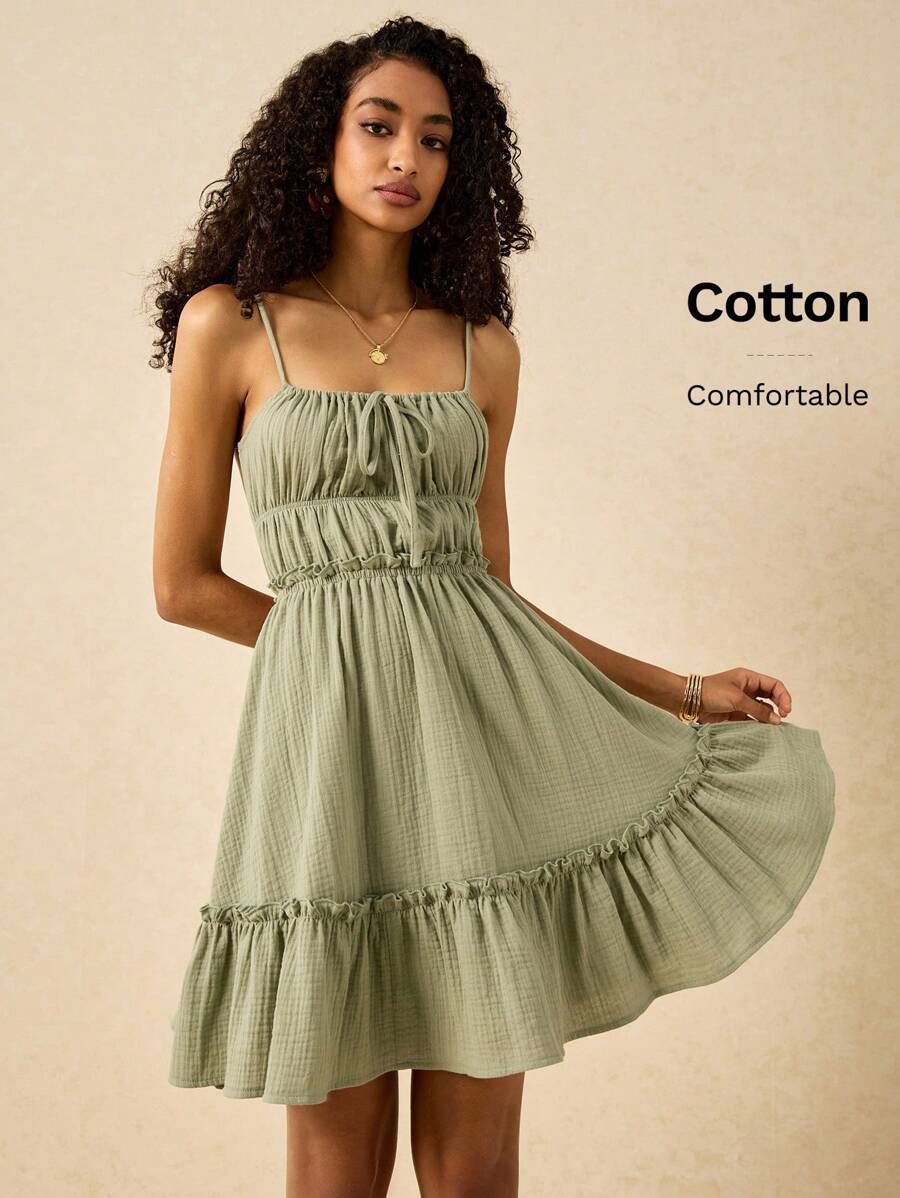 Poéselle 女士连衣裙 棉质露背系带 A 字下摆连衣裙 女士连衣裙 可爱连衣裙 露背褶皱短裙，纯色，细肩带，休闲简约，适合日常穿着 女士连衣裙 绿色连衣裙 夏季女装 夏季女装 夏季连衣裙 波西米亚风海滩女装 海滩女装 春季女装 夏季服装 鼠尾草绿色连衣裙 节日服装 绿色女装 夏季服装 春季服装 西式连衣裙 - 綠色 - 查看 1
