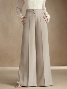 Anewsta Pantalones de traje de mujer de cintura alta con vuelo y doble botón, elegante y urbano, casual de negocios, para Año Nuevo, primavera/verano