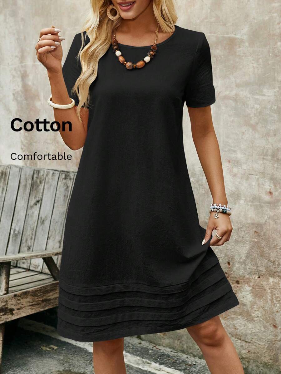 EMERY ROSE Women's Solid Color Round Neck Short Sleeve Simple Casual Dress, For Daily Wear - Black - View 1