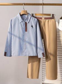 SHEIN 2pcs Boys Gentleman Outfit: Stripe Long Sleeve Printed Shirt + Trousers, Elegant Outfit For Valentine's Day, Birthday Party, Evening Event, Wedding, Christening, Anniversary