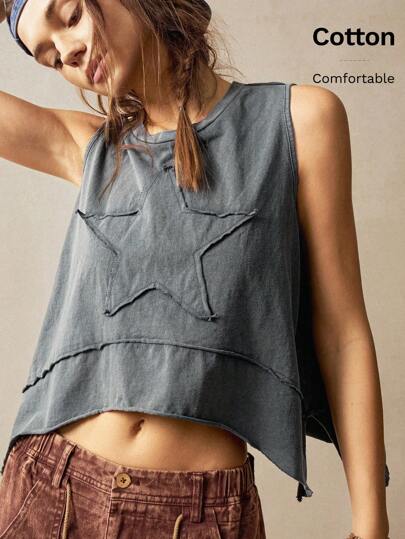 Bohemela Women's Casual Solid Color Knit Crew Neck Sleeveless Loose Uneven Hem T-Shirt With Embroidered Five-Pointed Star Pattern
