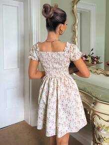 SHEIN PETITE Textured Fabric Off Shoulder Puff Sleeve Ruffle Trim Short Dress For Women